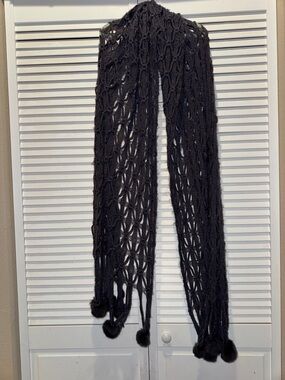 Gray Open-Weave Knit Scarf with Pom Pom Ends- “Rabbit Fur Poms”
